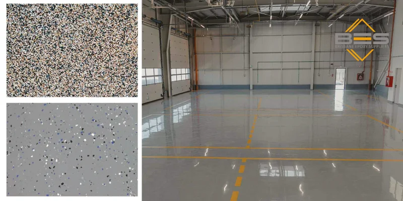  A close-up, detailed shot focusing on the texture of an epoxy flake floor, showing the individual flakes embedded in the clear topcoat.